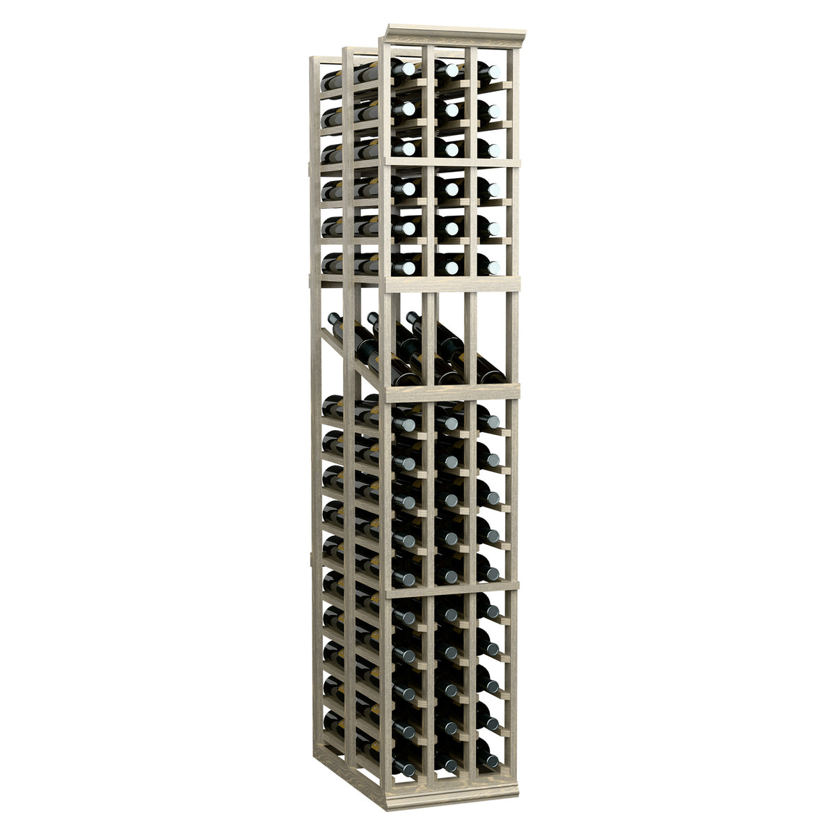 Light wood 3-column double deep wine display rack front view with bottle storage