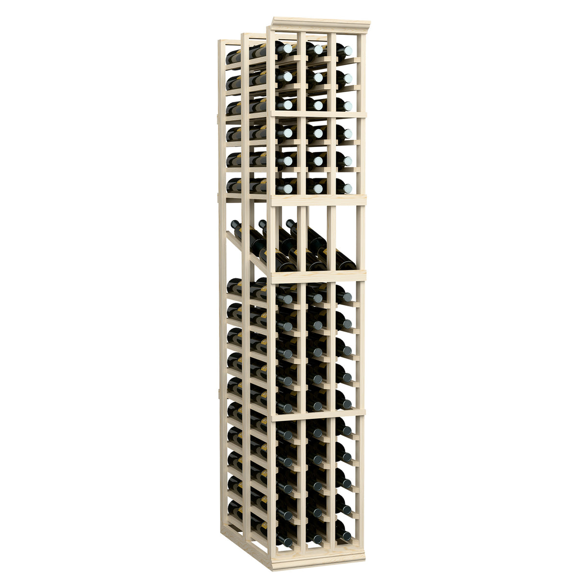 Light wood 3-column wine rack with compartments and bottles stored in rows