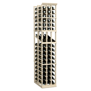 Light wood 3-column wine rack with compartments and bottles stored in rows