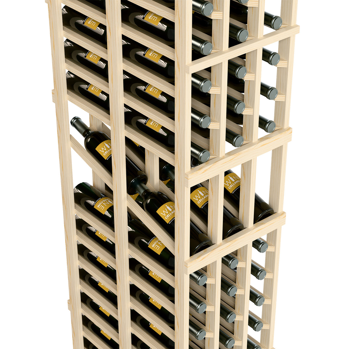 Light wood wine display rack side close-up with bottles and metal bottle bottoms