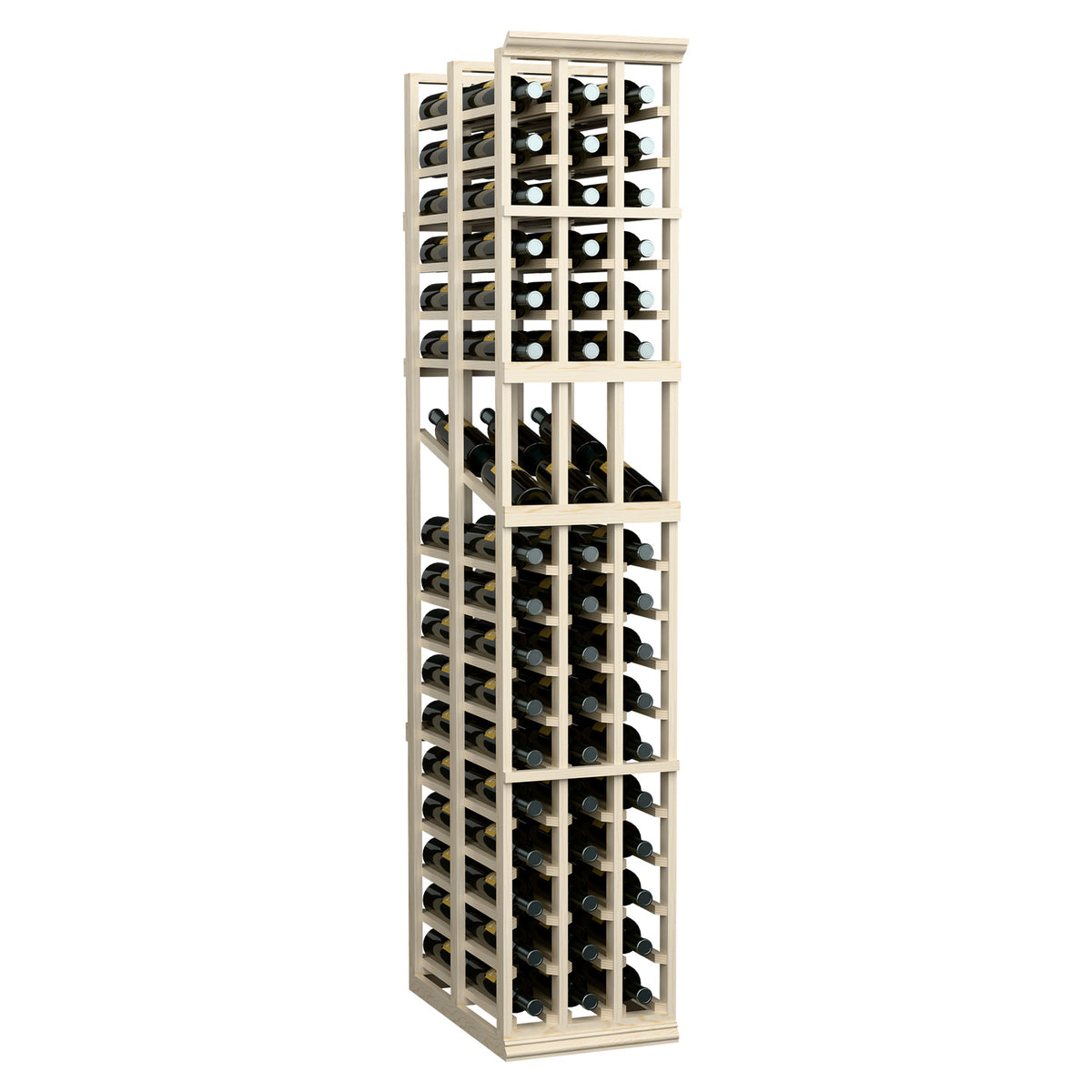 Light wood 3-column wine display rack with bottles stacked in a front grid