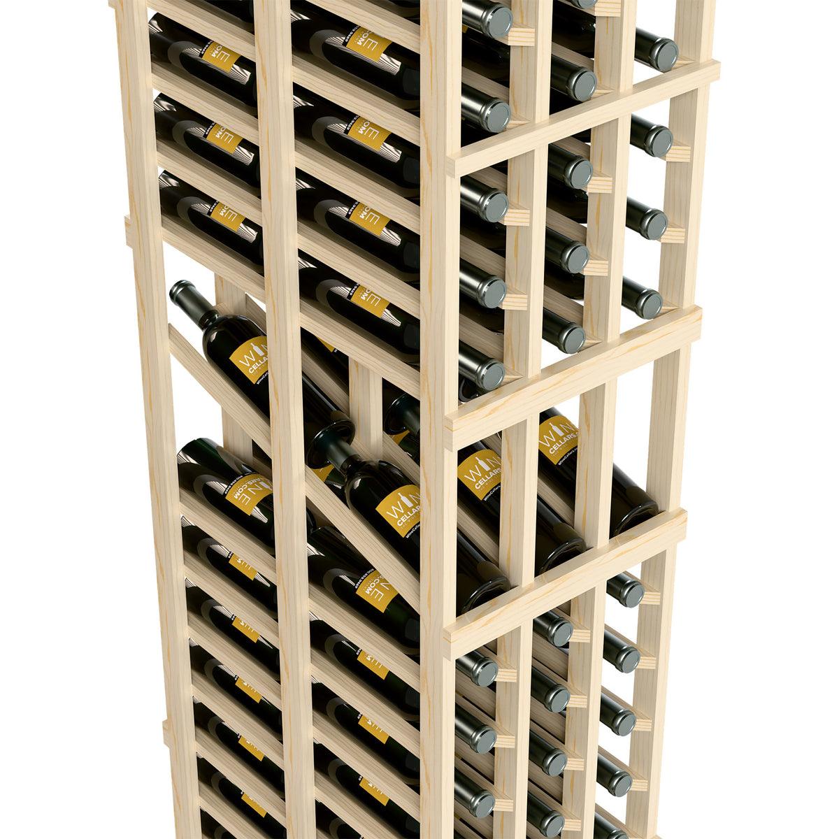 Light wood wine rack side close-up showing bottle necks and labels