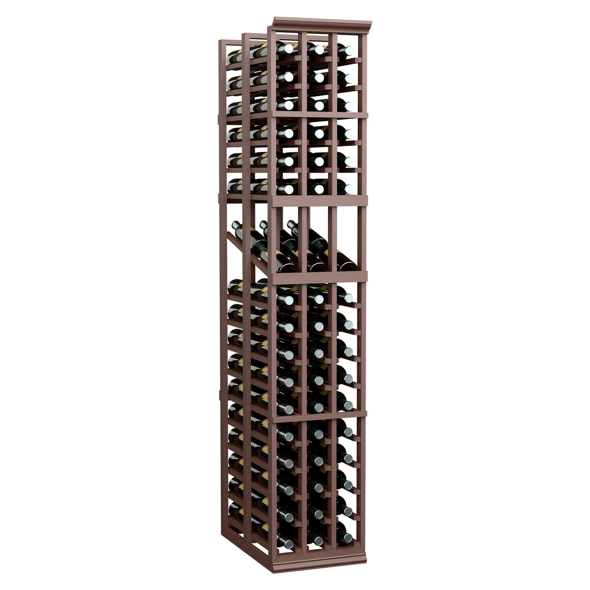 Dark wood 3-column double deep wine display rack with bottles stored in rows