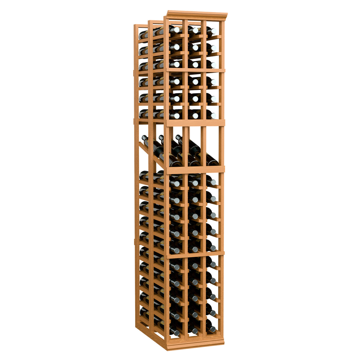Wood 3-column double deep wine display rack with bottle-filled open grid frame