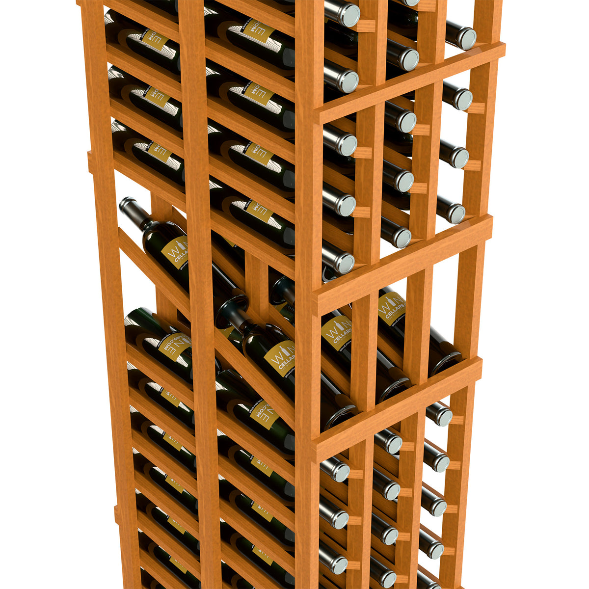 Wood wine display rack close-up of bottle slots and metal neck holder rows