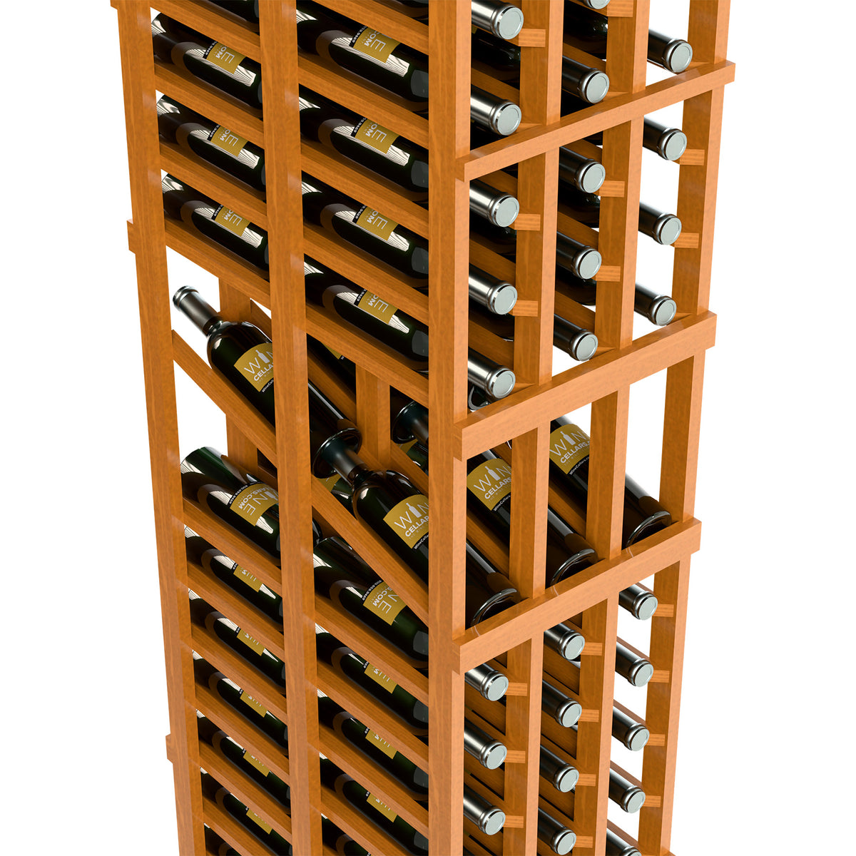 Wood wine display rack angled view showing double-deep bottle storage shelves