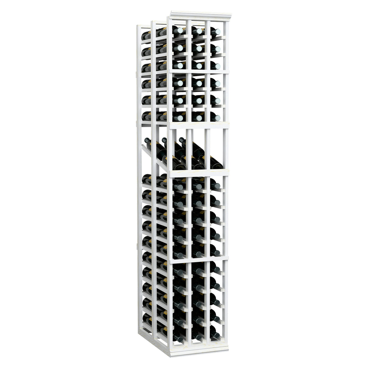 White 3-column double deep wine display rack holding bottles in grid slots