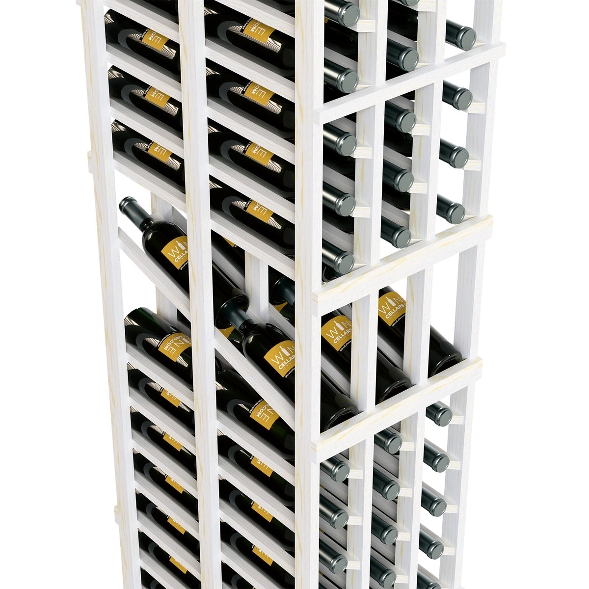 White wine display rack close-up with bottle slots and metal neck holder rows