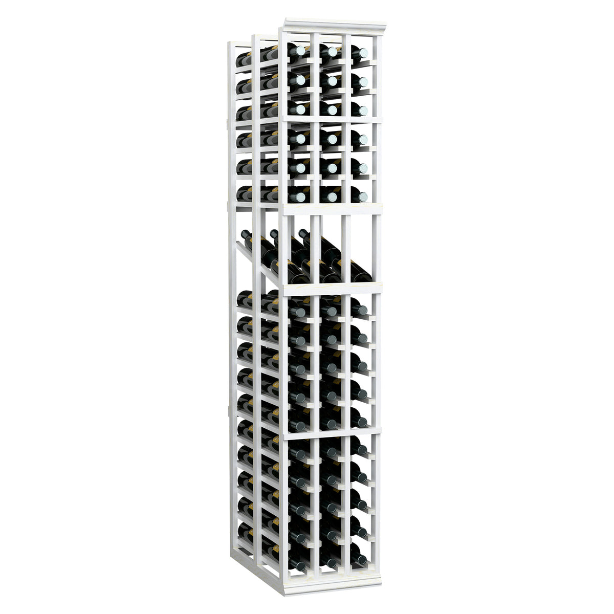 White 3-column double deep wine display rack with bottle-filled open grid frame
