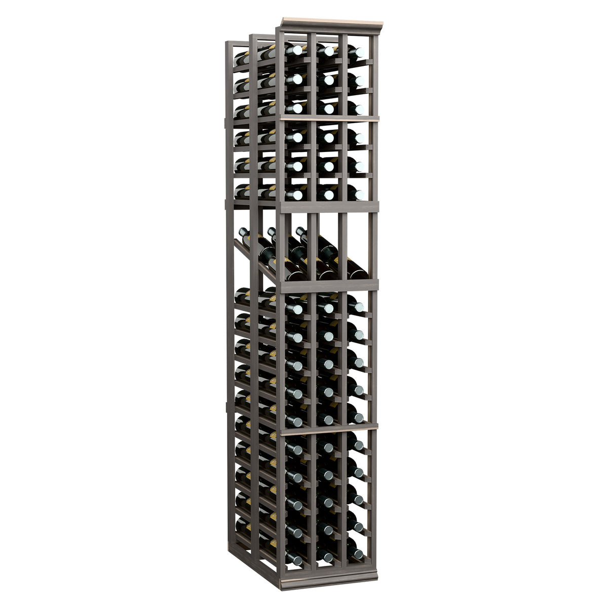 Wine bottle display rack, dark finish, three columns with double-deep square slots