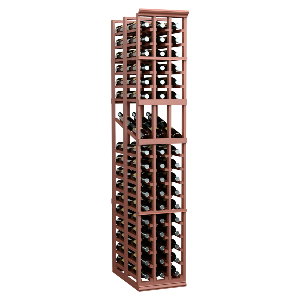 Wine bottle display rack, reddish-brown finish, three columns with double-deep slots