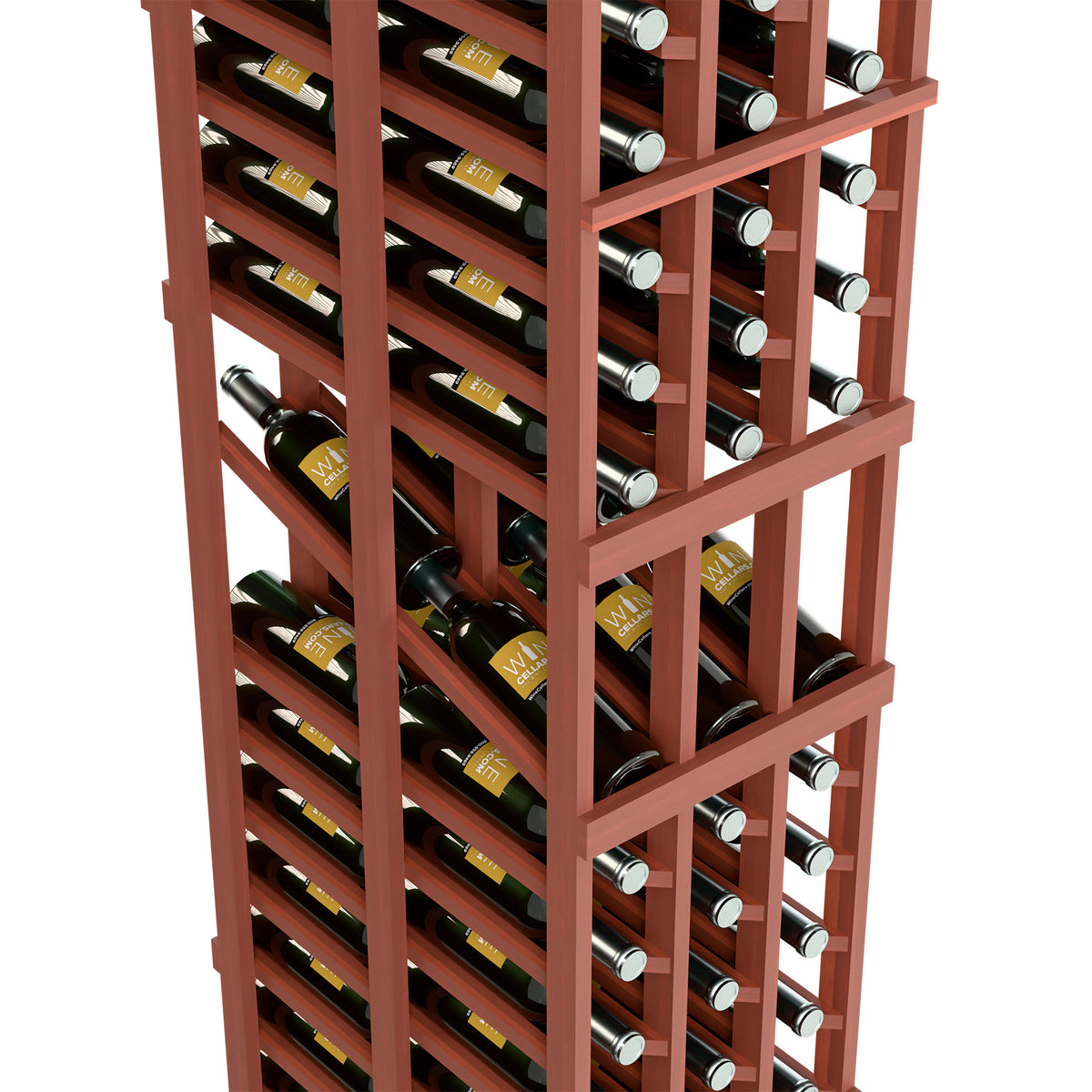 Reddish-brown wine rack close-up with double-deep bottle rows and label fronts