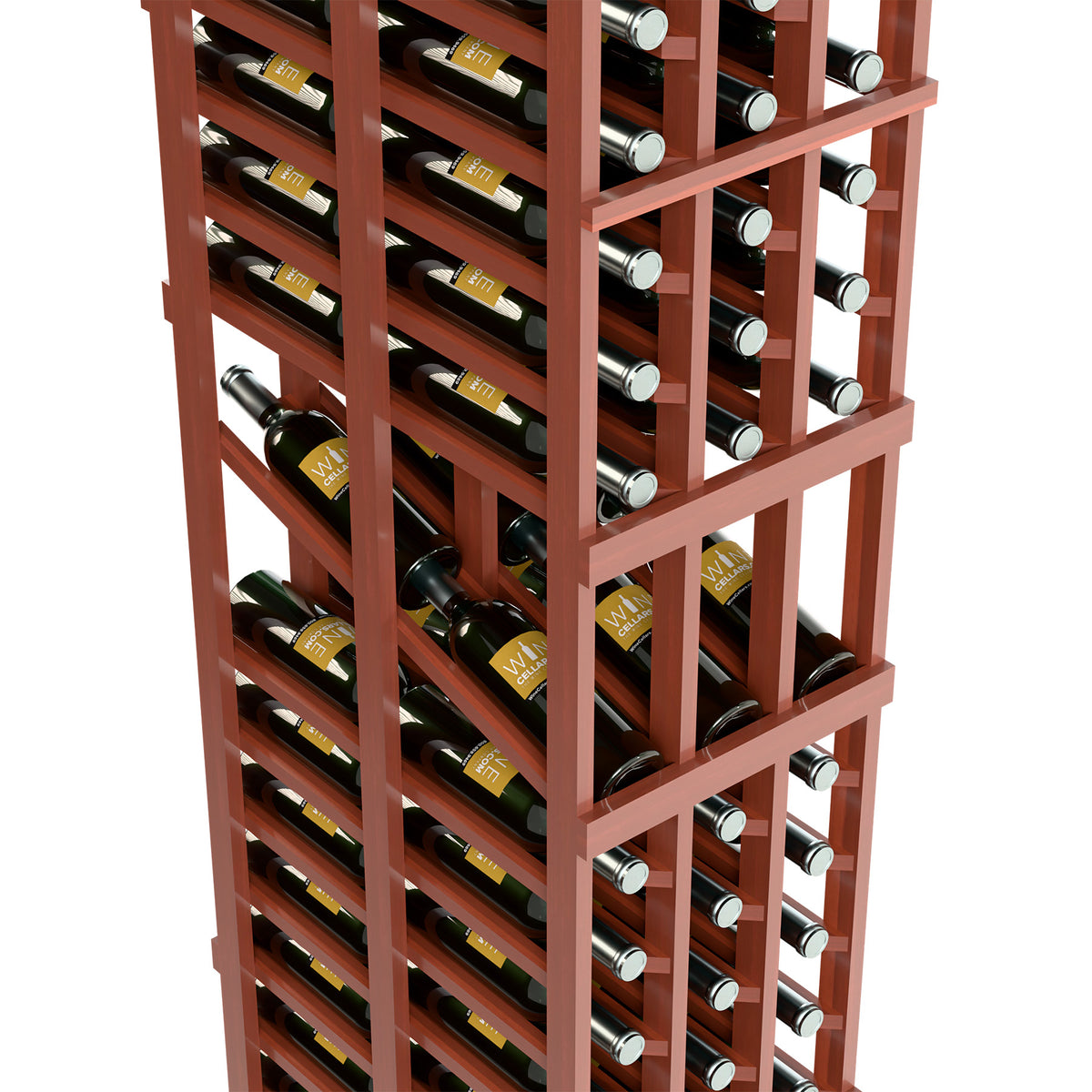 Close-up of reddish-brown three-column wine rack with double-deep rows of bottles
