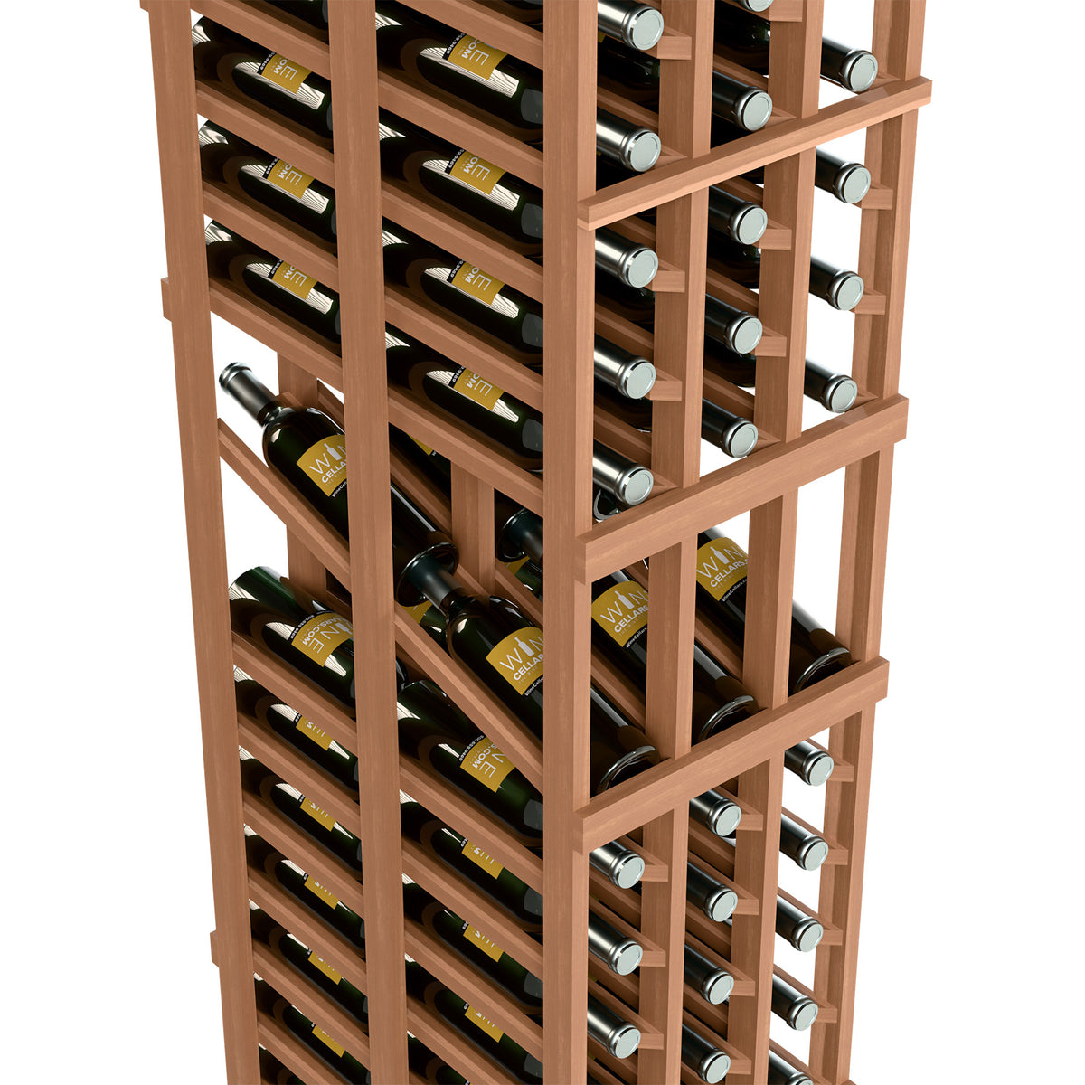 Light wood wine rack close-up with double-deep bottle rows and label ends
