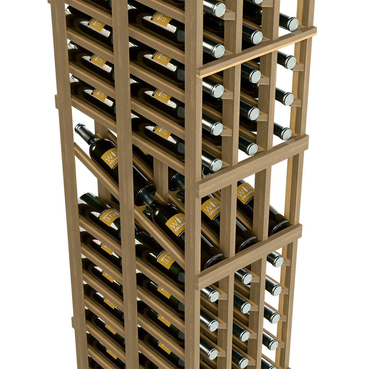 Light wood wine rack close-up showing bottle shelves and circular bottle openings