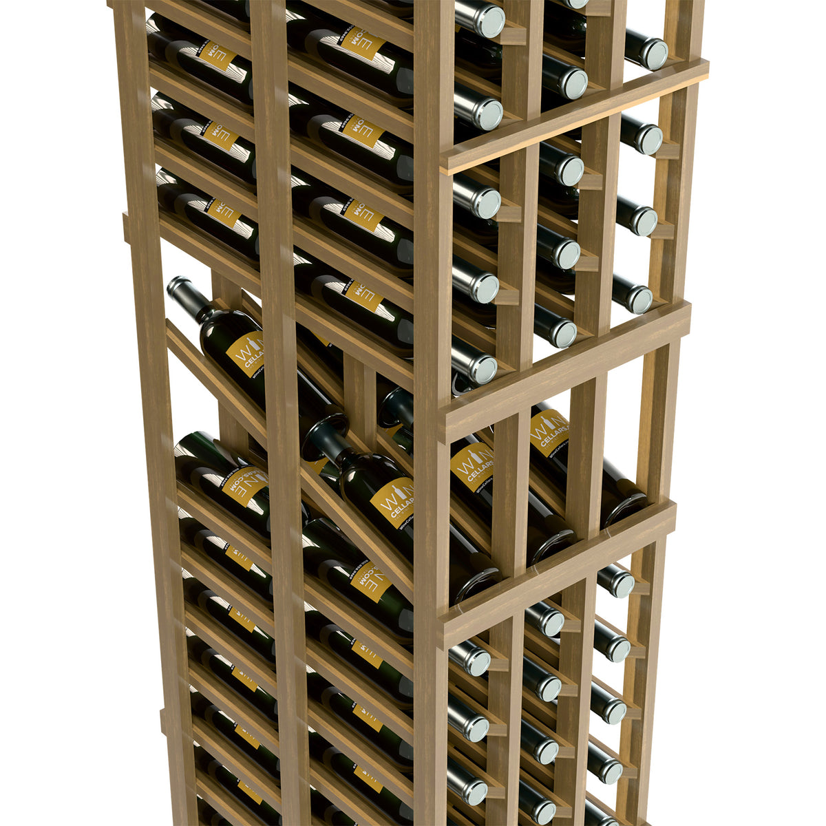 Light wood 3-column wine rack close-up with diagonal supports and bottle shelves