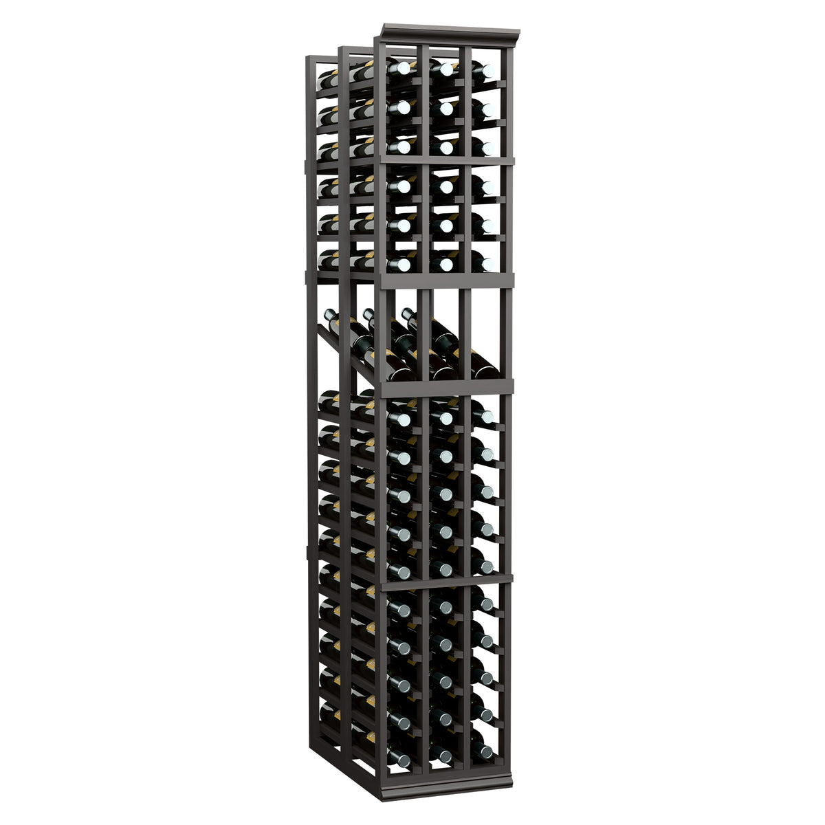 Double-deep 3-column wine display rack, dark stained wood, bottle slots front view