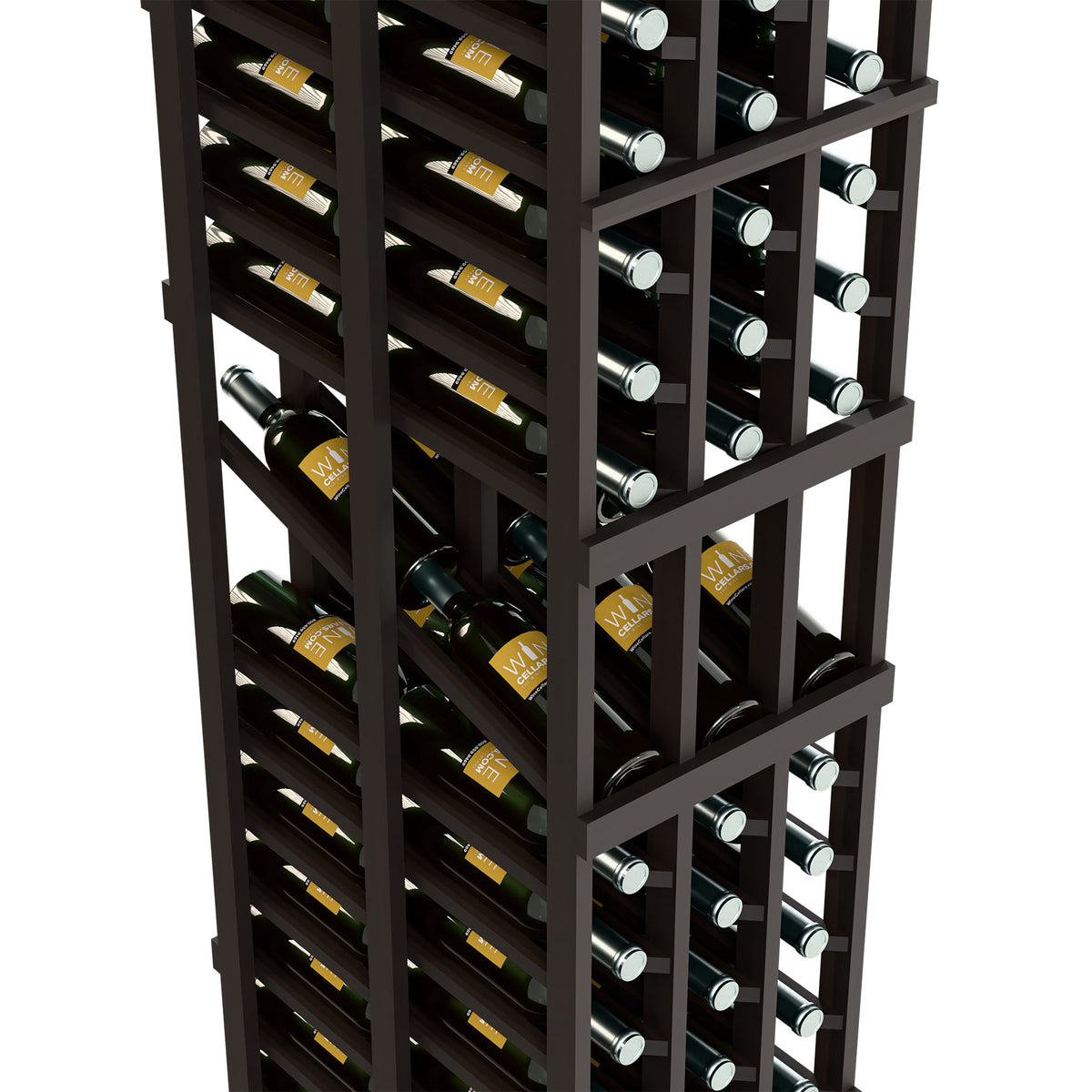 Dark wood wine rack close-up with bottle shelves and circular bottle openings