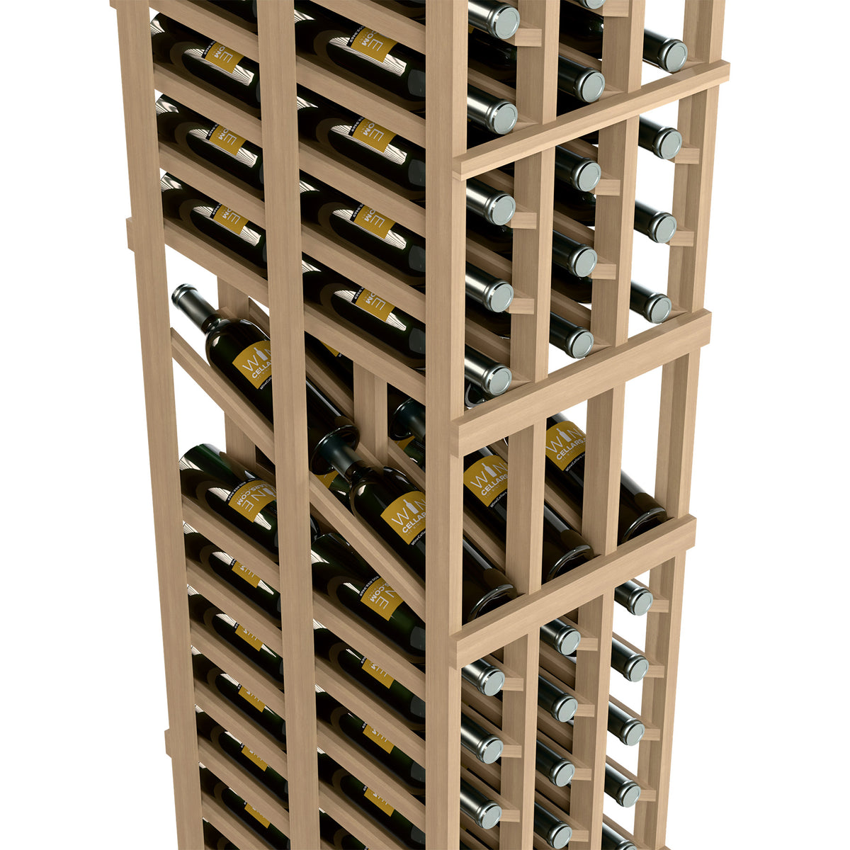 Wood wine display rack close-up: rows of bottles in angled cubby slots