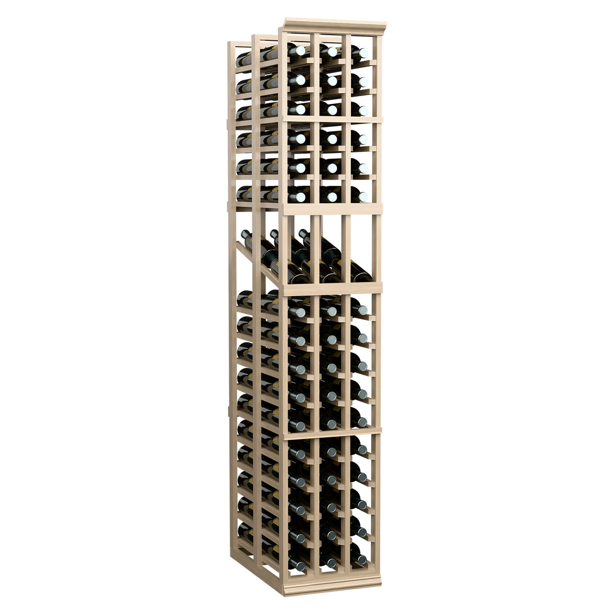 Tall wooden wine display rack with two bottle layers per compartment