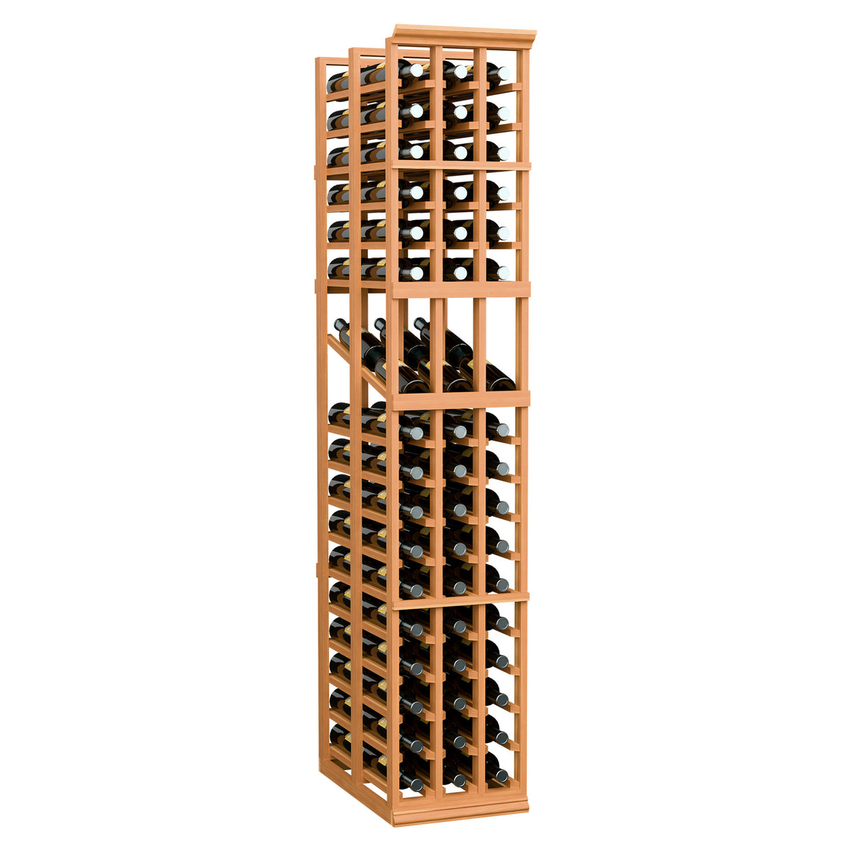 Tall wooden wine rack with double-deep compartments and bottle bottle-hole rows