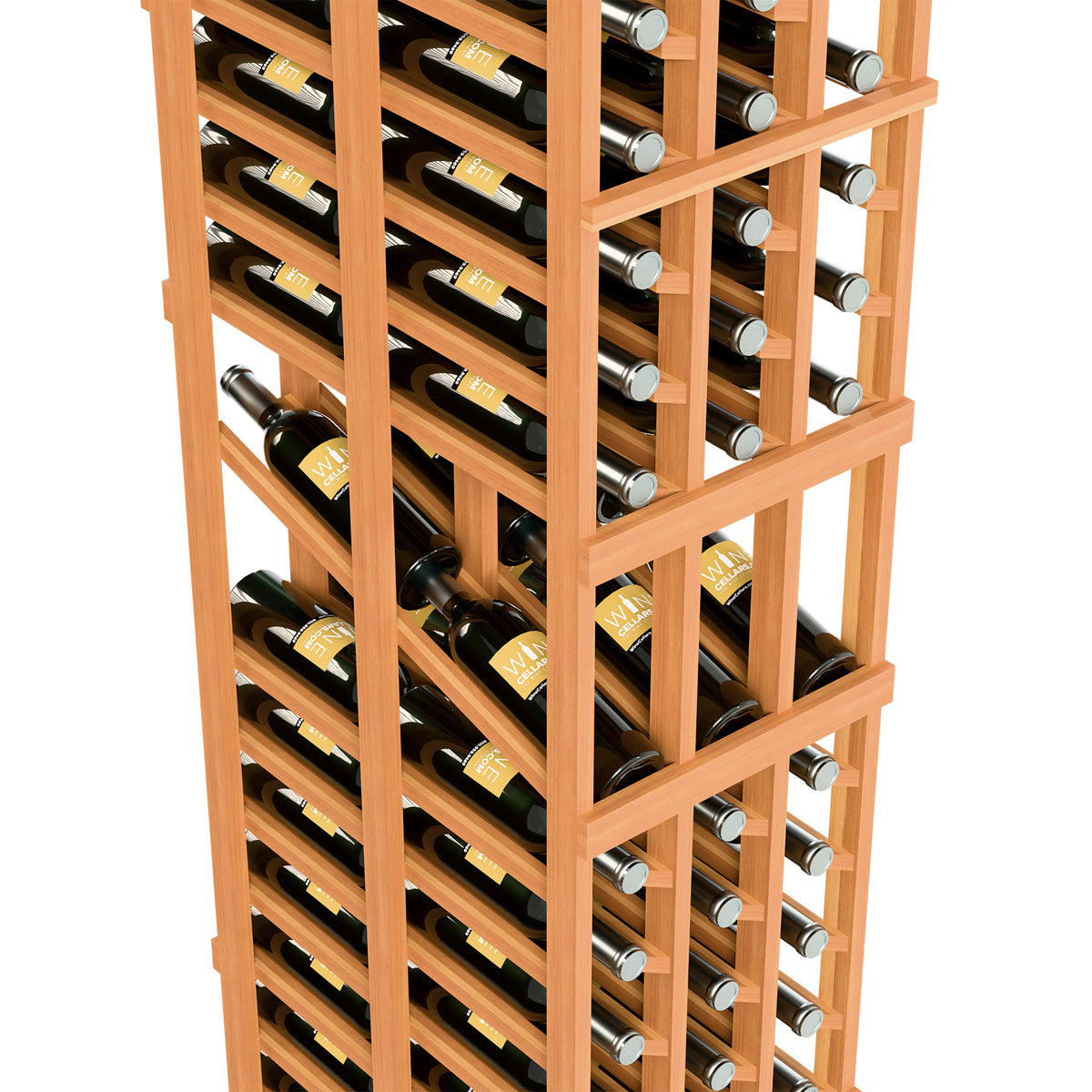 Close-up of honey-toned wooden wine rack with stacked bottle storage rows