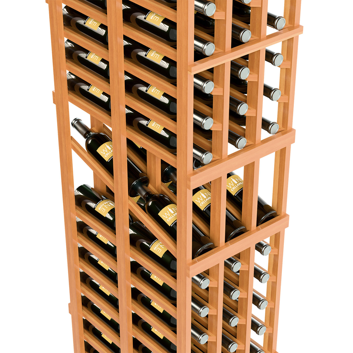 Angle view of honey-toned wine display rack with multiple bottle cubbies