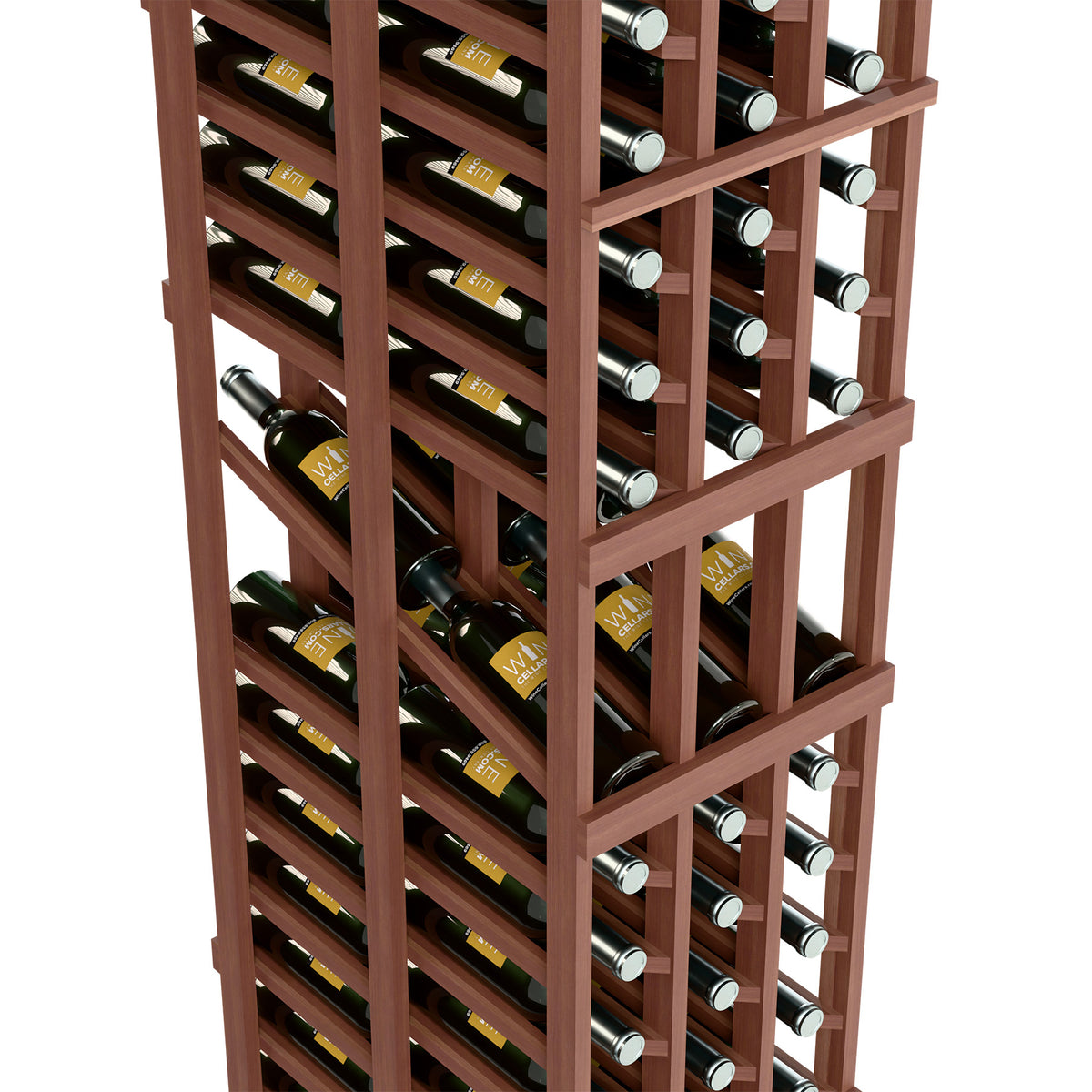 Close-up of dark wood wine rack with stacked rows of bottles in cubbies