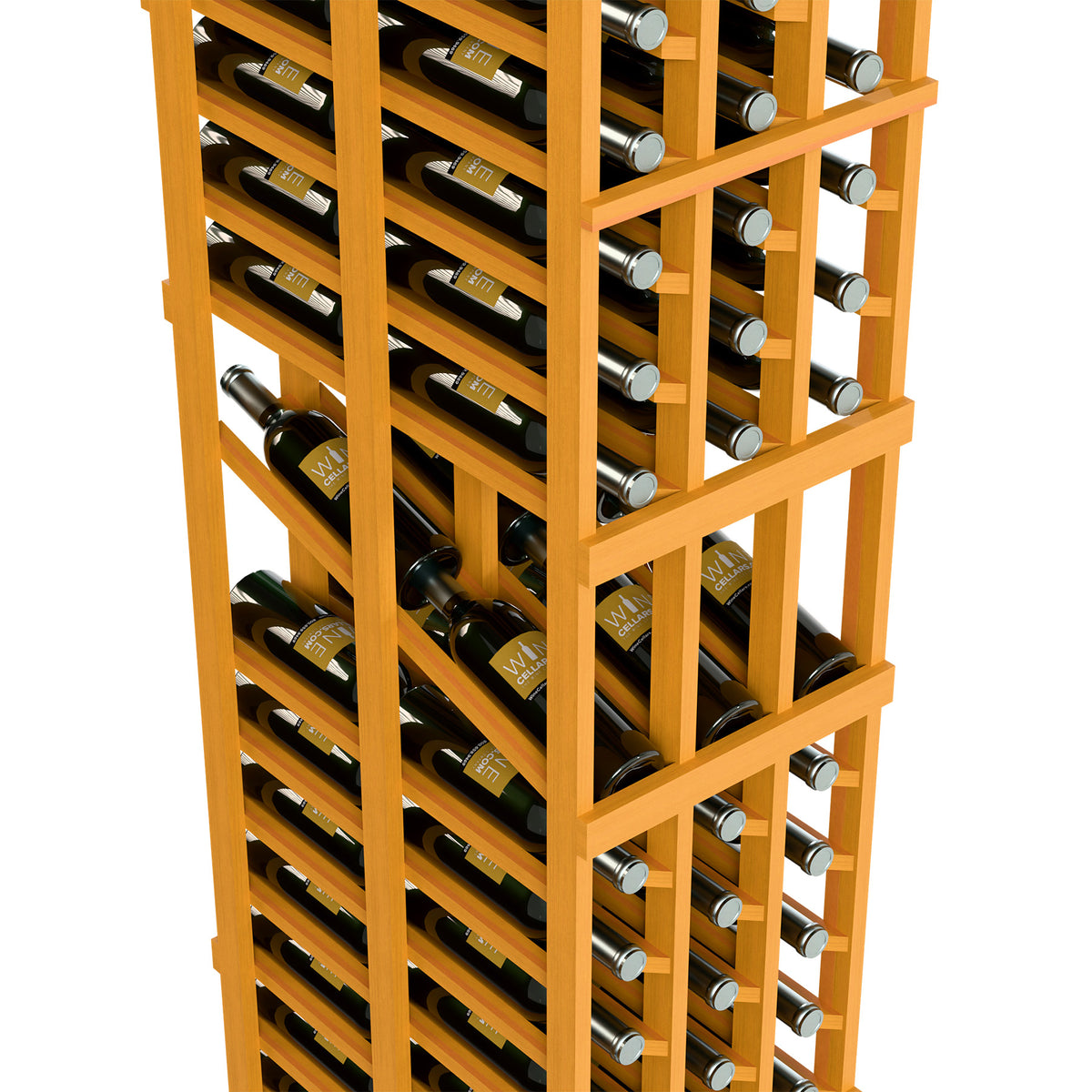Wine display rack close-up with wine bottles and stemware holders in light wood frame.