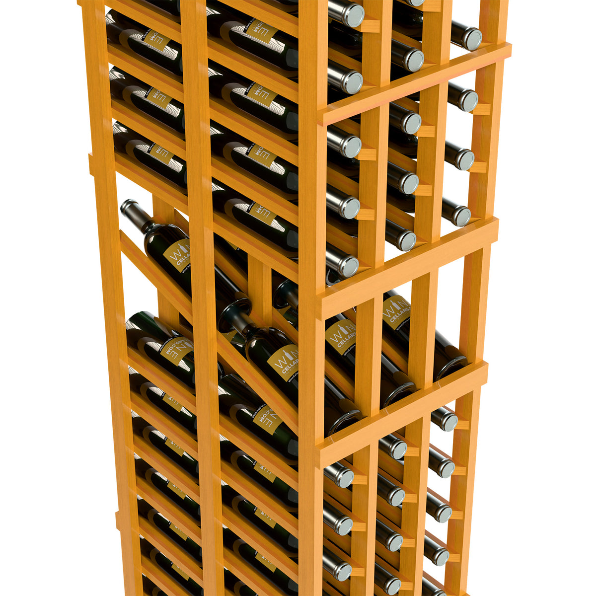 Wine display rack close-up showing wine bottles and glassware holders in light wood frame.