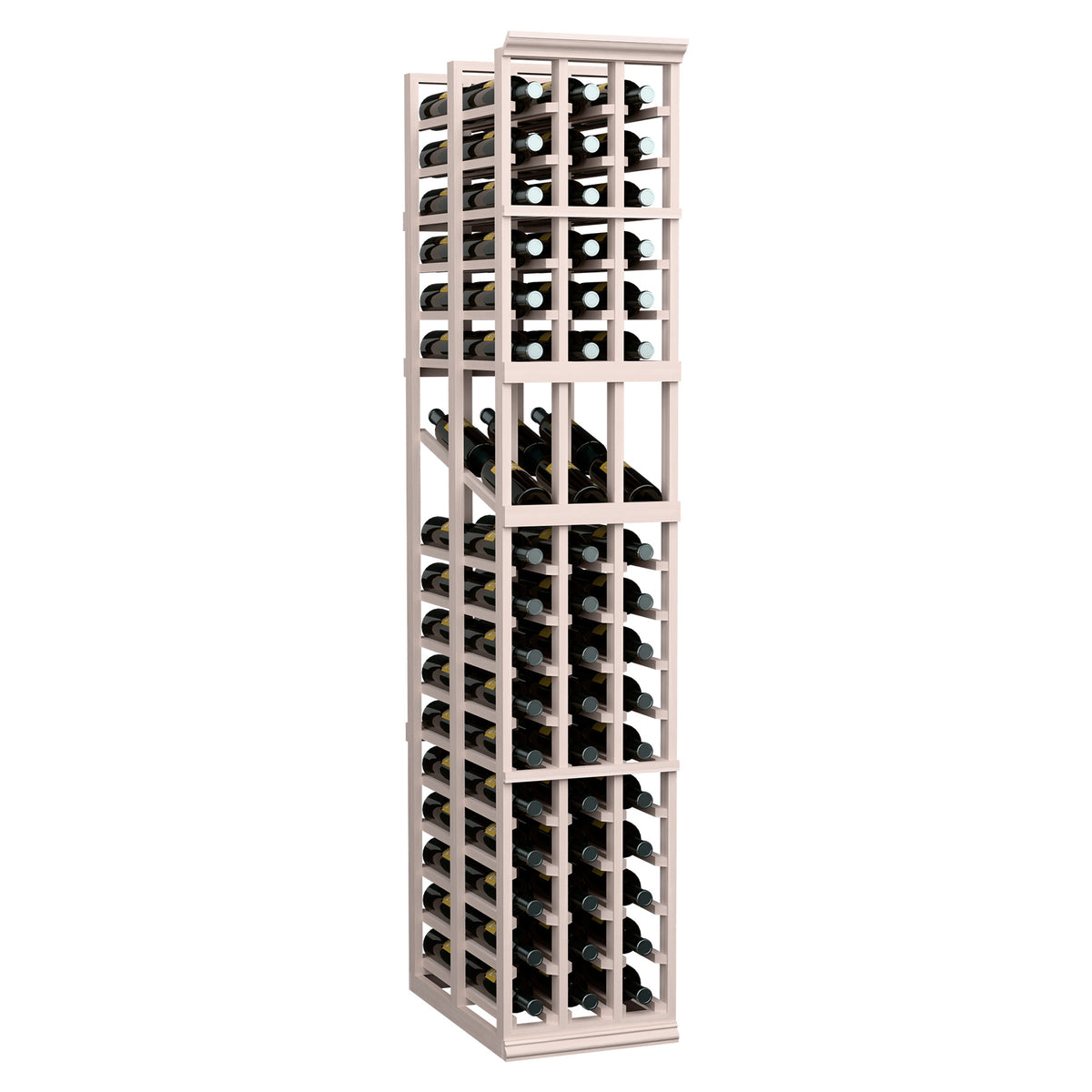 3-column wine display rack with wine bottle cubbies and stemware slots; gray wood frame.
