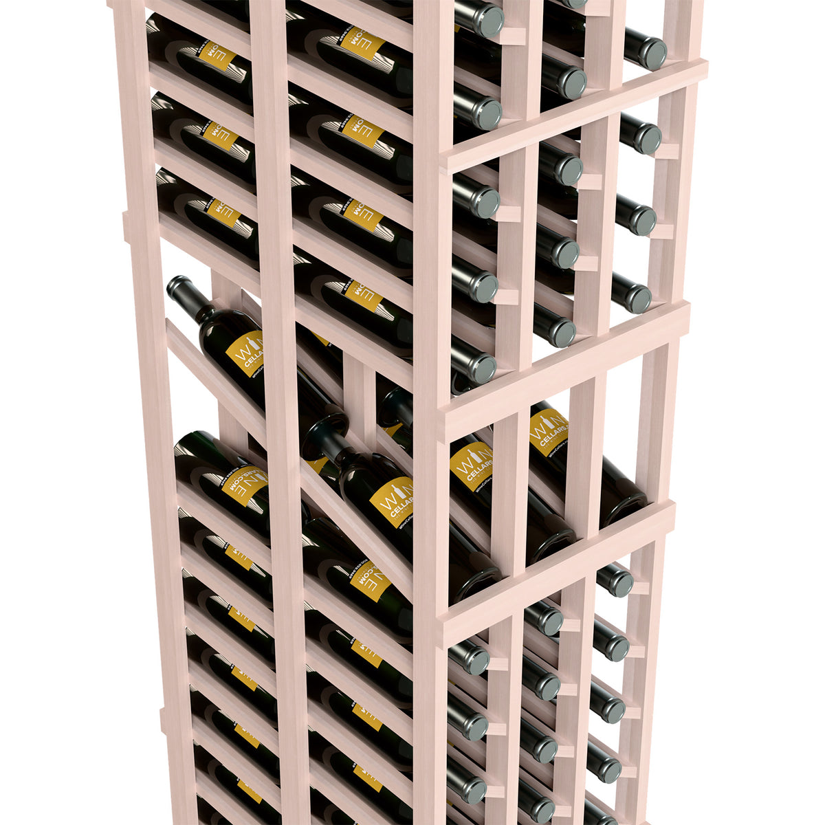 Wine display rack close-up with wine bottle openings and stemware holders in gray finish.