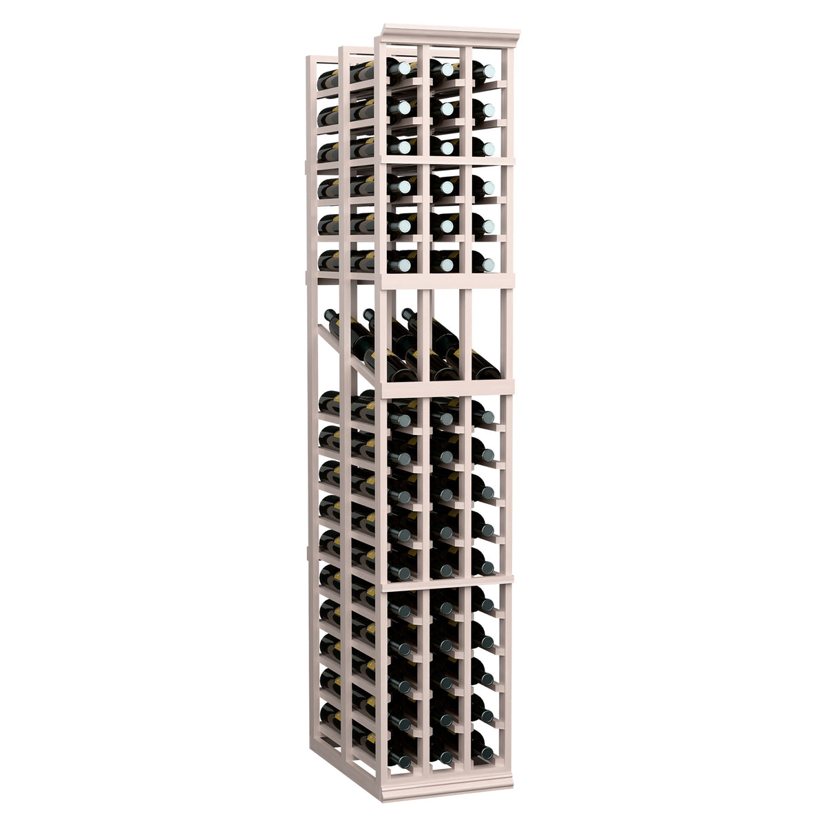 Full-view 3-column wine display rack with gray wood frame, bottle cubbies, and stemware.