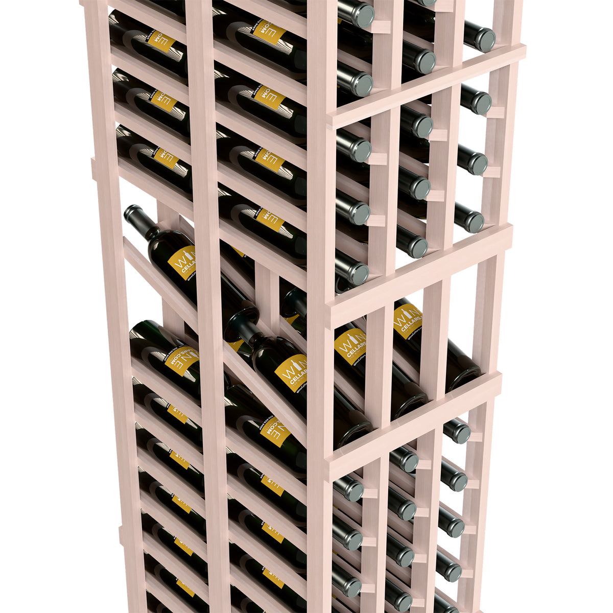 Wine display rack close-up showing wine bottles and stemware holders in gray wood frame.
