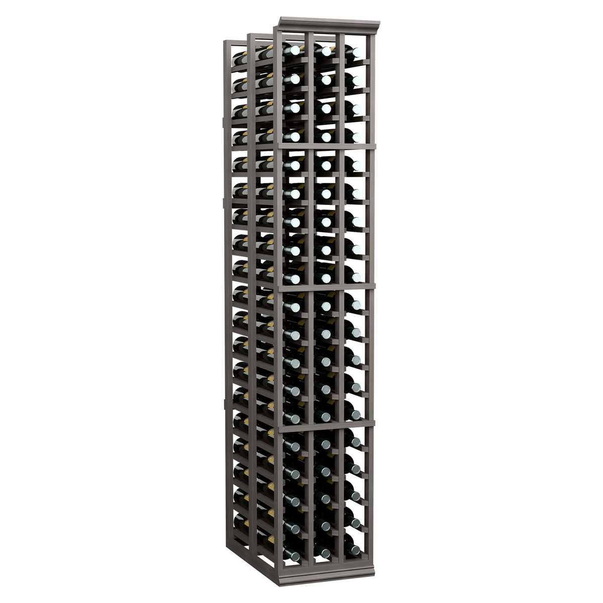 Dark wood wine bottle rack with three columns and double-deep storage for bottles.