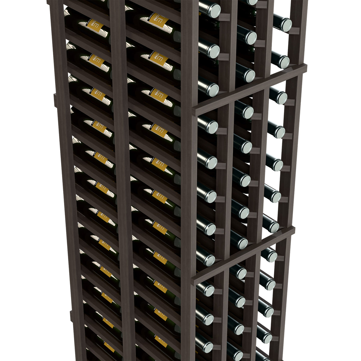 Brown wine bottle rack with three columns and double-deep wine bottle storage compartments.