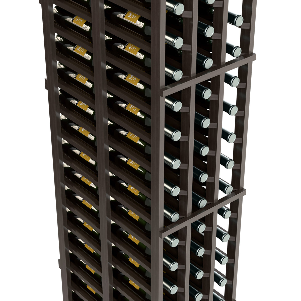 Dark brown wine bottle rack with three columns and double-deep wine bottle slots.