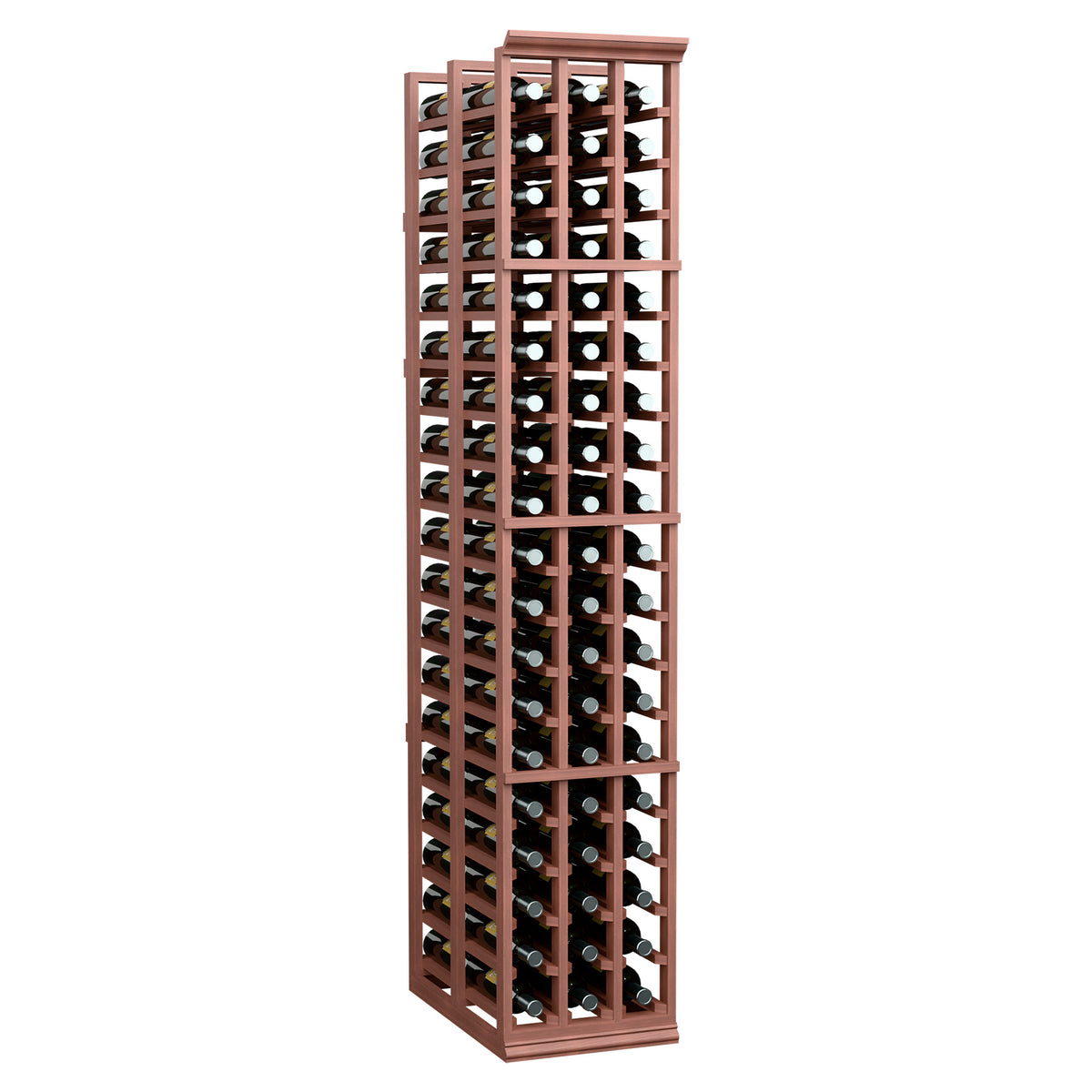 Red-brown wooden wine bottle rack with three columns and double-deep bottle storage.