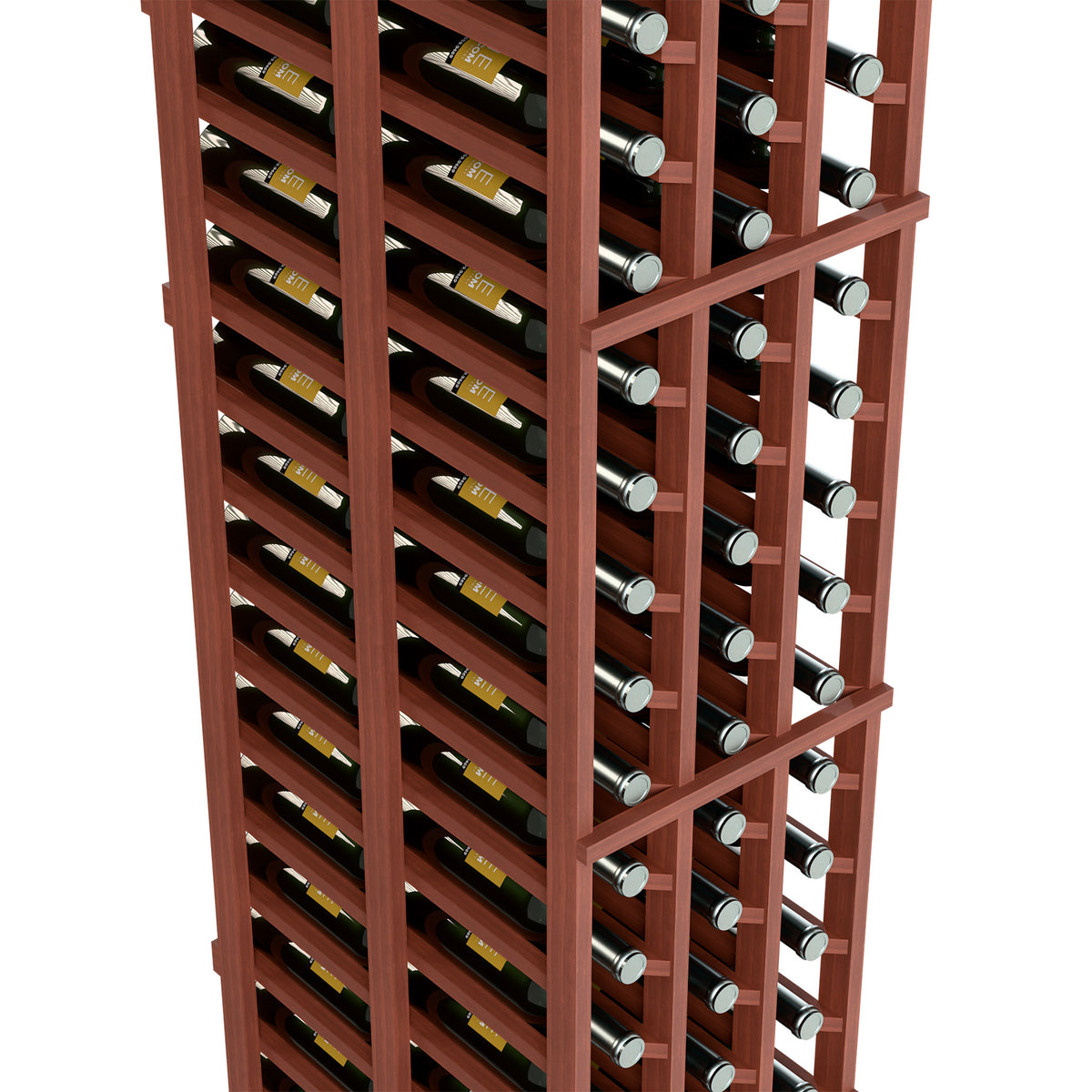 Red-brown wine bottle rack with three columns and double-deep storage for multiple bottles.