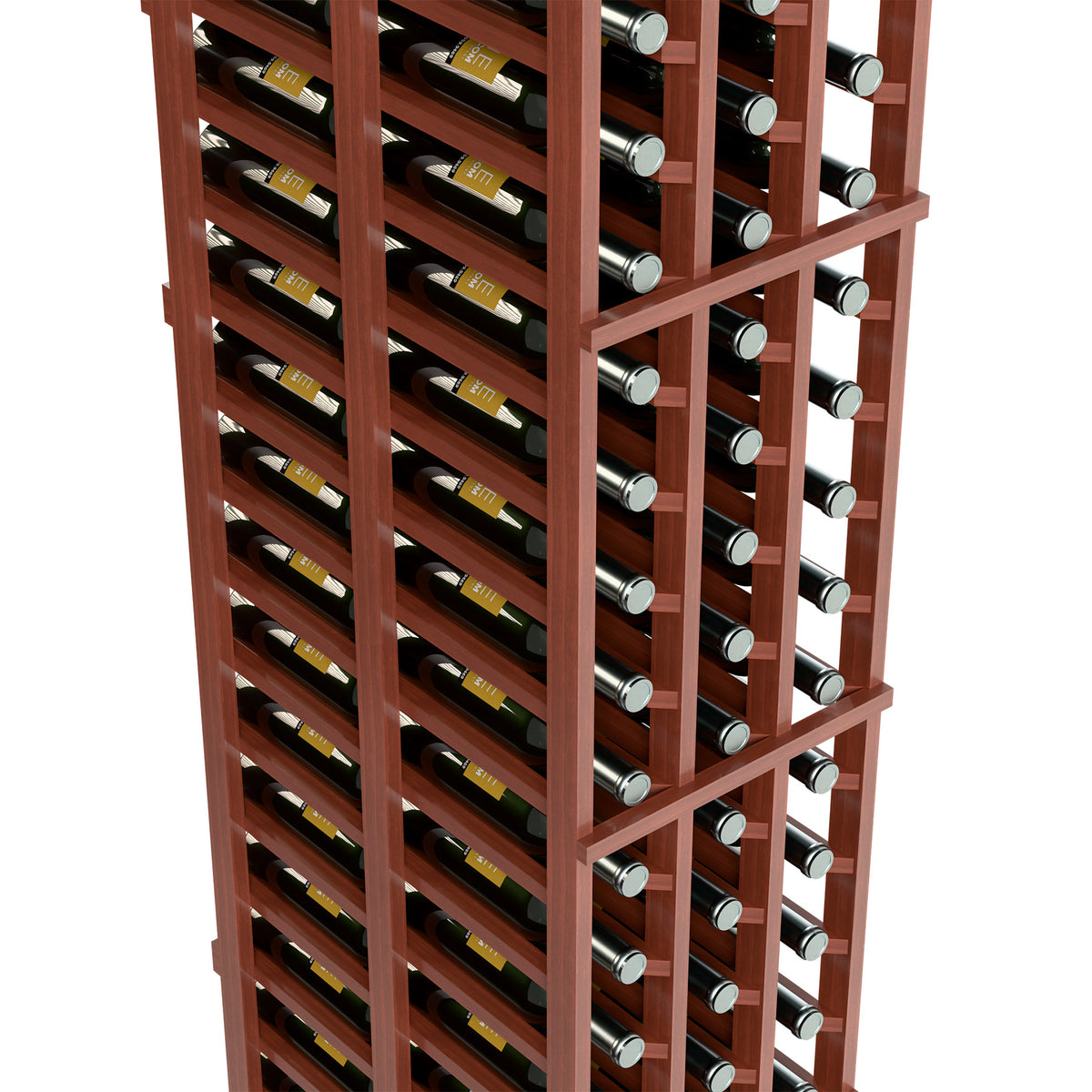 Red-brown wooden wine bottle rack with three columns, double-deep wine bottle storage.