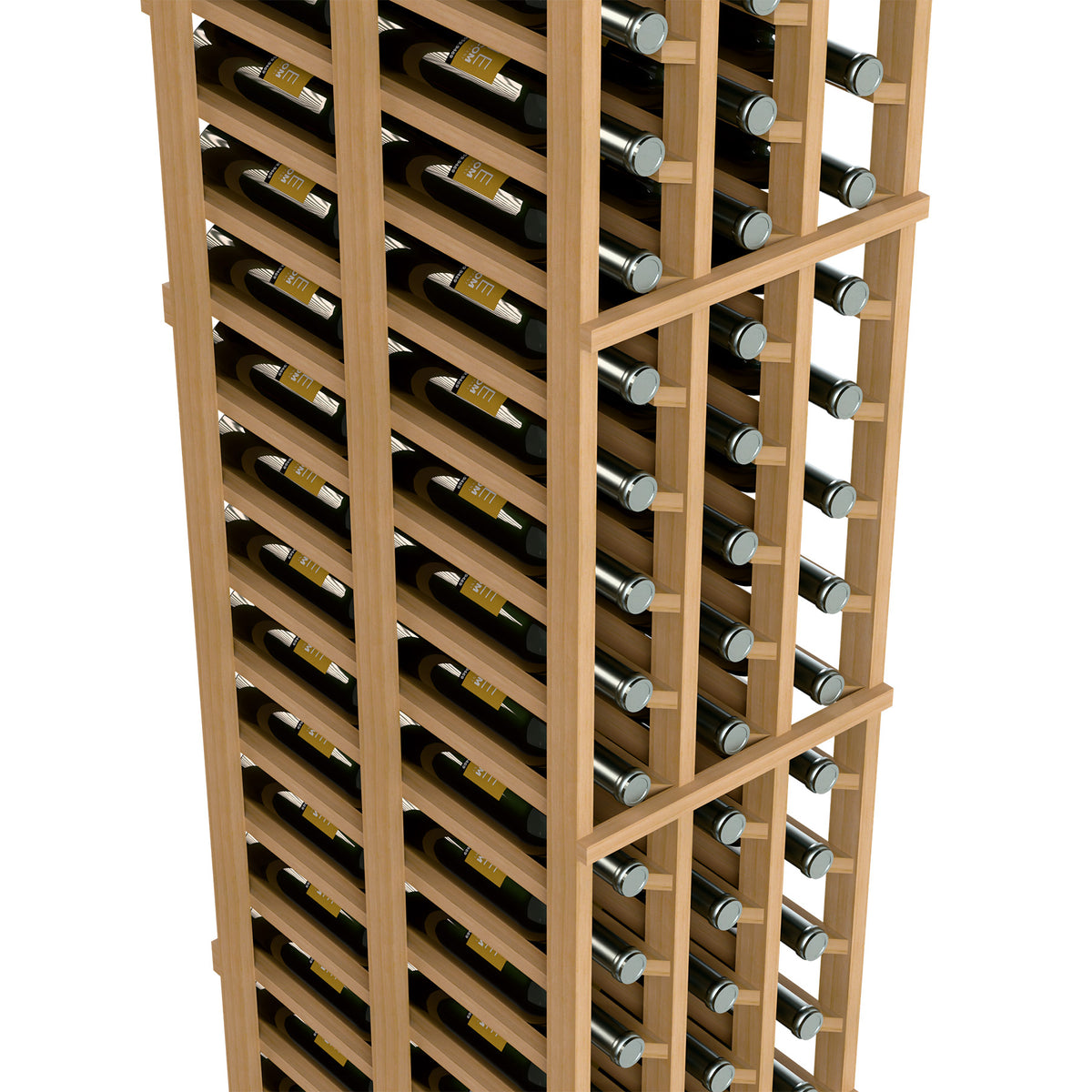 Wood wine rack close-up showing double-deep rows with wine bottles and caps