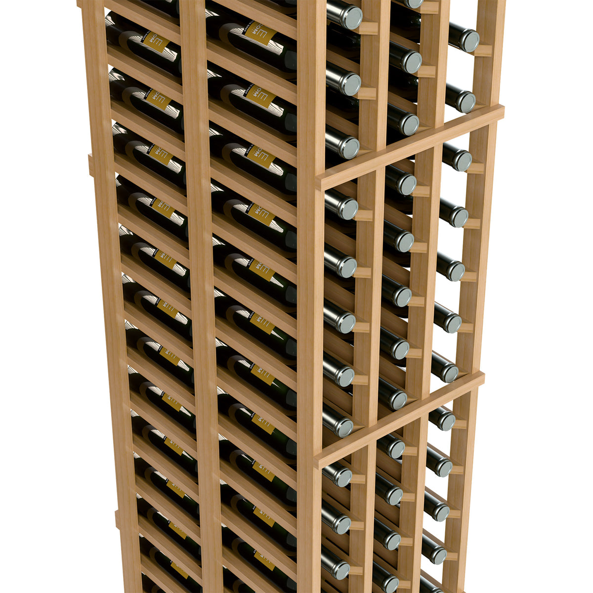 Wood wine rack side view with double-deep bottle rows and wine bottle necks