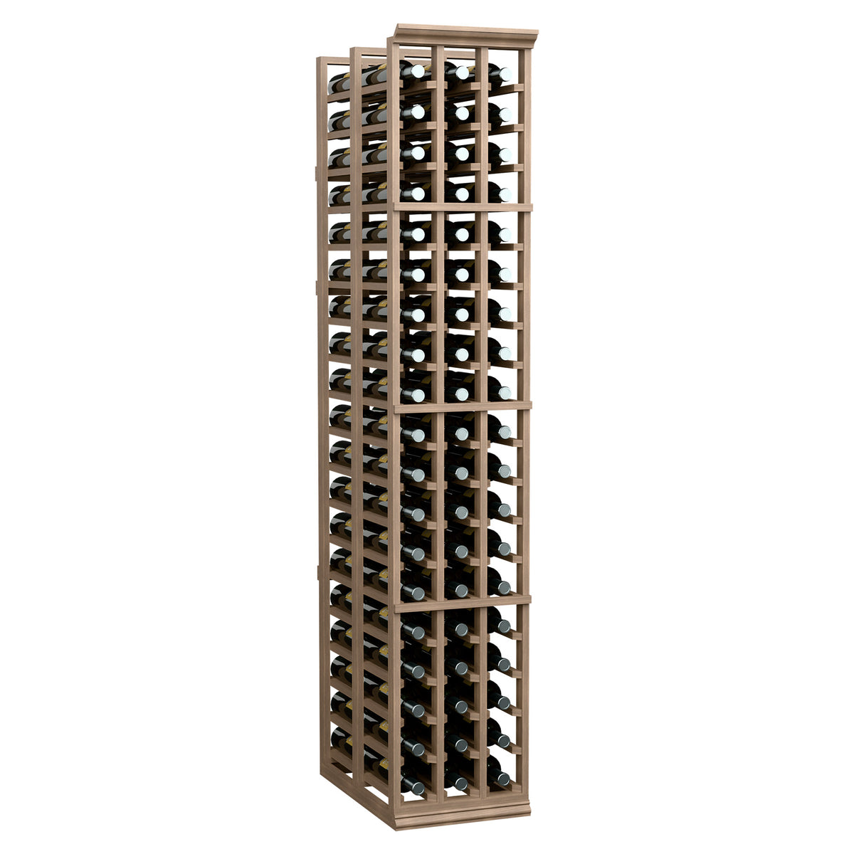 Tall freestanding wood wine rack with double-deep bottle slots for storing bottles