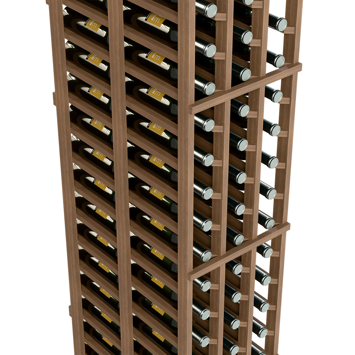 Close-up of a wooden wine rack showing double-deep rows and silver bottle caps