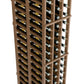 Wood wine rack close-up with double-deep compartments holding bottles side-by-side