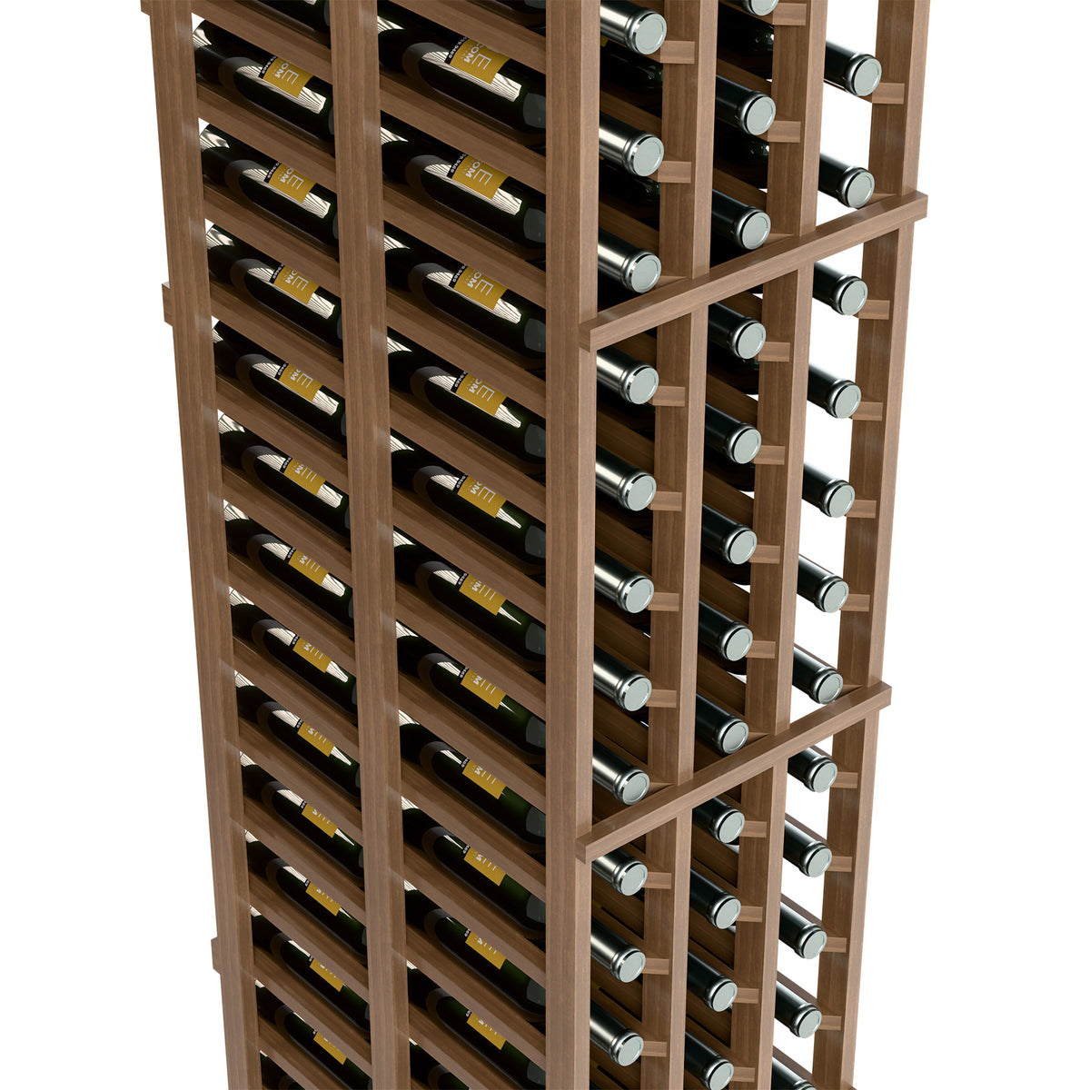 Wood wine rack close-up with double-deep compartments holding bottles side-by-side