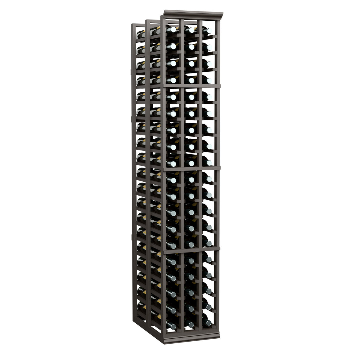 Tall freestanding wooden wine rack with double-deep slots for holding wine bottles