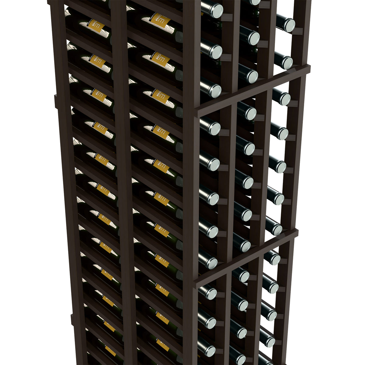 Wood wine rack close-up showing double-deep rows with bottles and metal caps