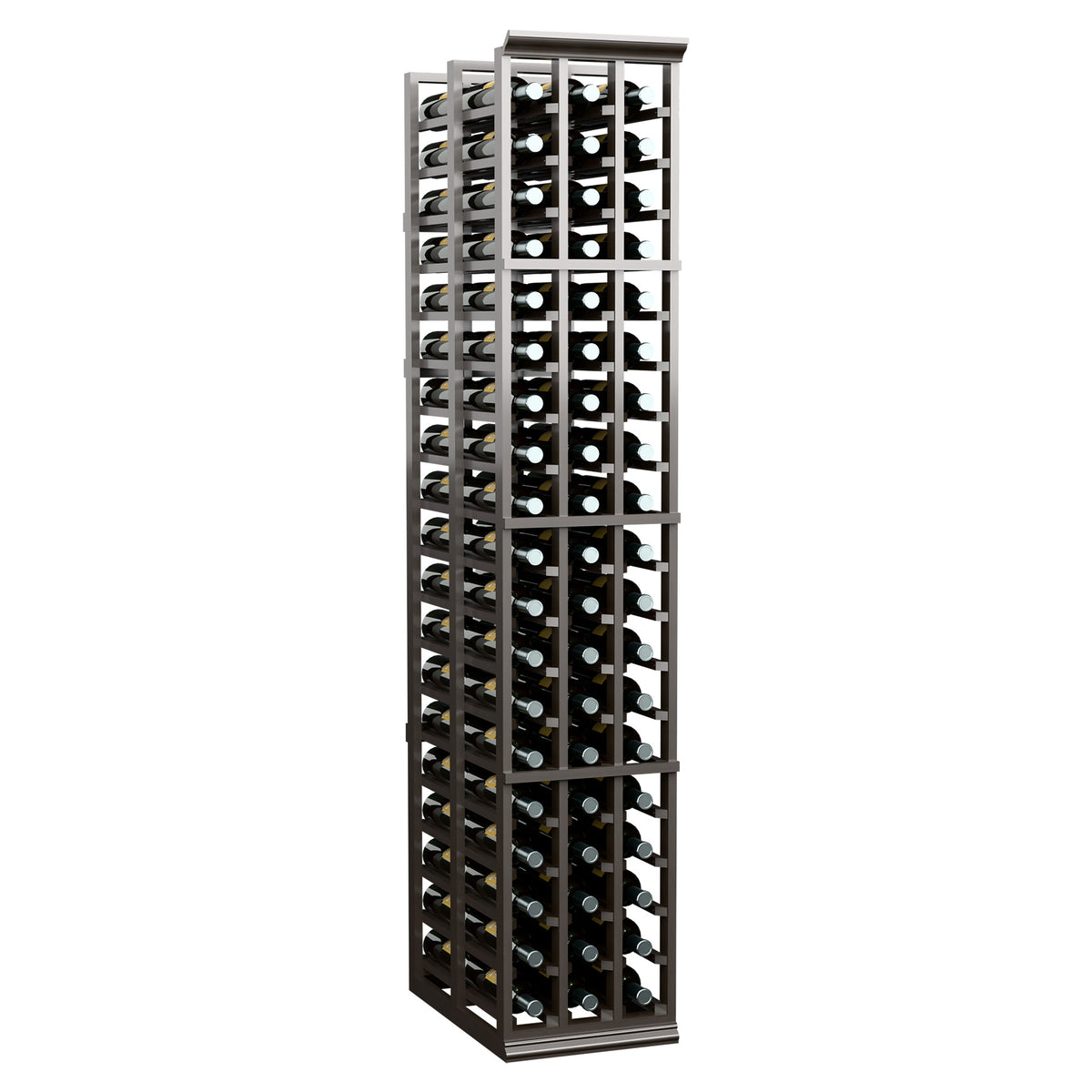 Dark-stained wooden wine bottle rack with multiple horizontal slots for upright bottles