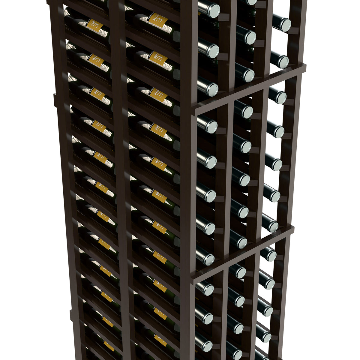 Dark-stained wine rack close-up with two sides of upright wine bottles in slots